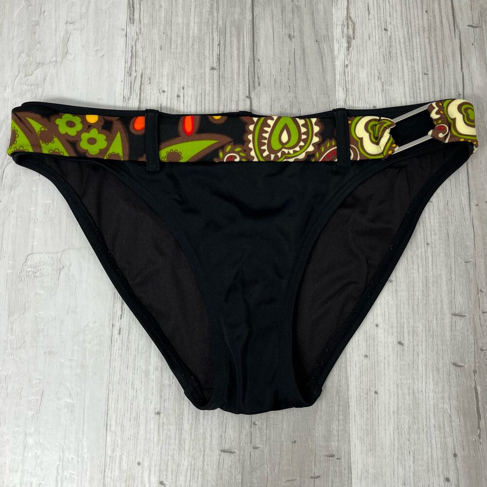 Victoria's Secret Belted Bikini Bottom Solid Black Floral 70s Print Belt Accent